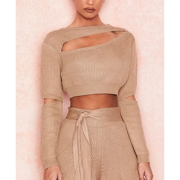 HOUSE OF CB LONDON Mila Sand Cropped Knit Sweater Womens XS Tan Cut out Crew - Picture 3 of 16